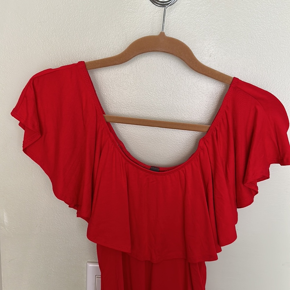 Red Ruffle Off the Shoulder Bodysuit - Picture 2 of 5